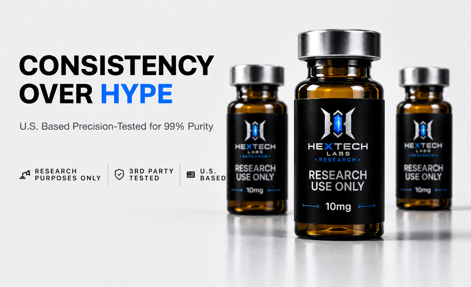 Consistency Over Hype — Hex Tech Labs research vials, U.S. Based, precision-tested for 99% purity